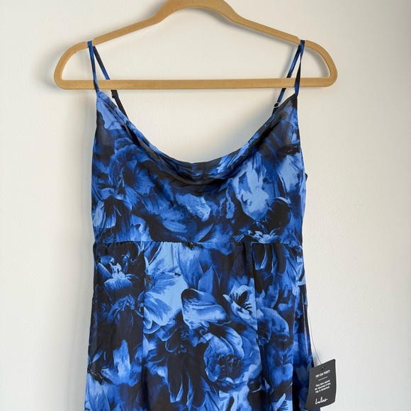 NWT Lulus Beautiful Persona Blue Floral Chiffon Cowl A-Line Midi Dress Small - Picture 6 of 9